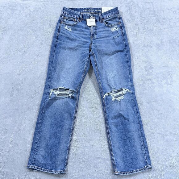 American Eagle Outfitters Denim - American Eagle Jeans 8 Curvy Straight Stretch Distressed Blue Denim Womens